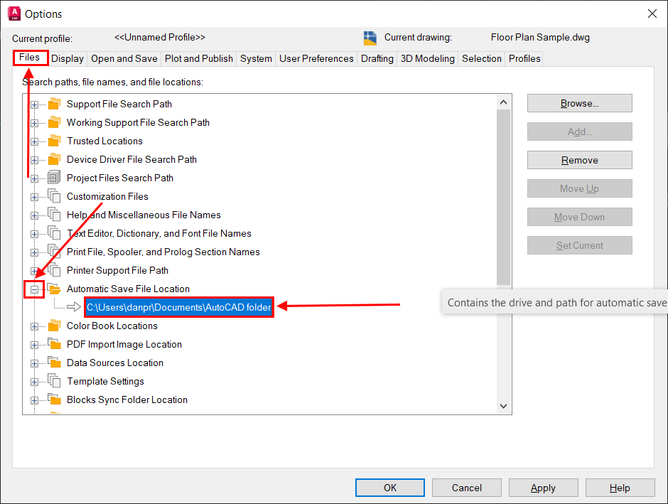 location path shown in Options dialog box