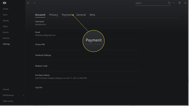 Payment highlighted in the Oculus app.