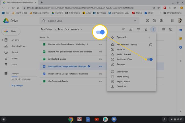 Making a document available offline in Google Drive.