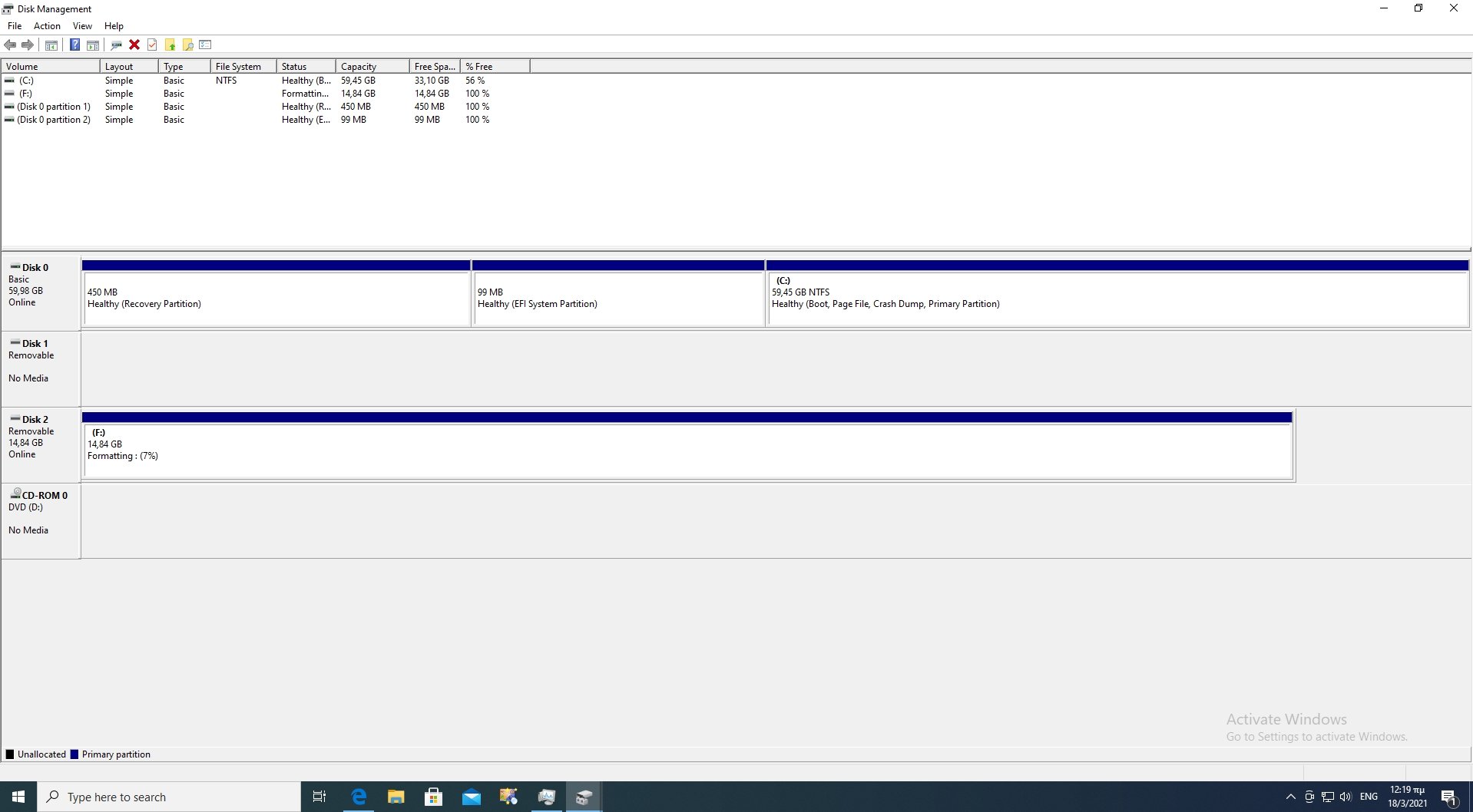 Full SD Card Format in progress in Disk Management app.