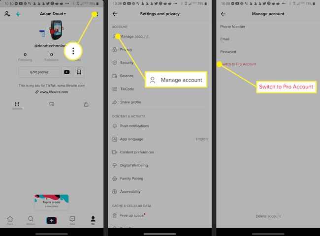 Screenshots showing how to switch a Pro Account on TikTok.