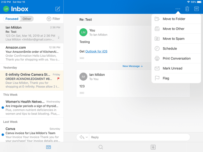 Outlook for iOS showing the options menu.