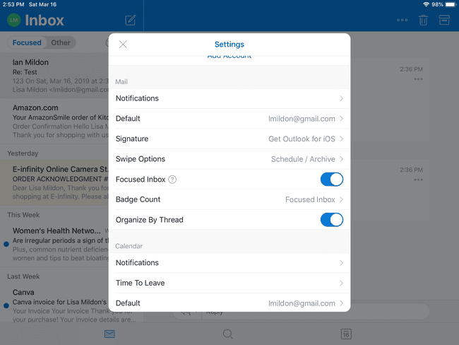 Outlook settings menu for iOS.