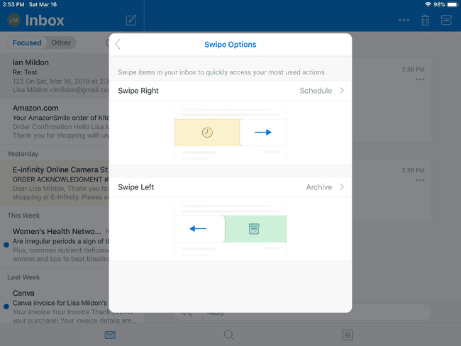 Swipe options in Outlook for iOS.