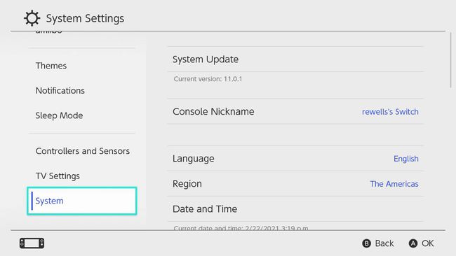 System highlighted in the Nintendo Switch Settings menu
