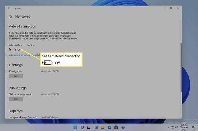 Set as metered connection toggled off in Windows 11