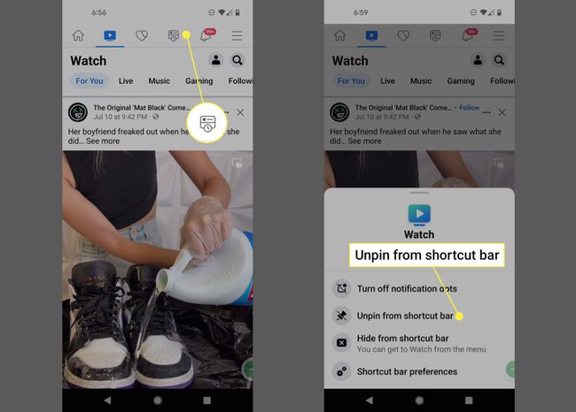 Watch shortcut and Unpin from shortcut bar in the Facebook app for Android