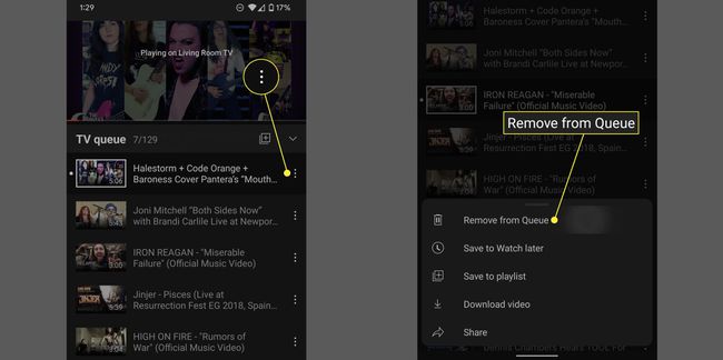 Three dots and Remove from Queue in the Android YouTube app