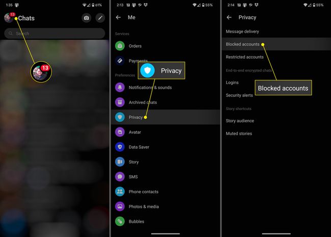 Profile icon, Privacy, and Blocked account in the Facebook Messenger app.
