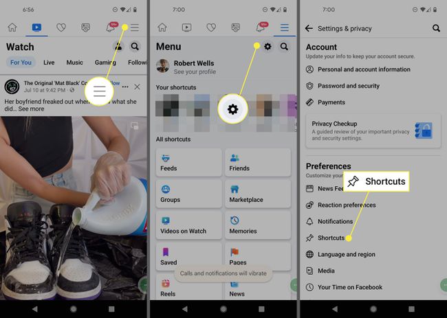 Menu icon, Settings gear, and Shortcuts in the Facebook app for Android