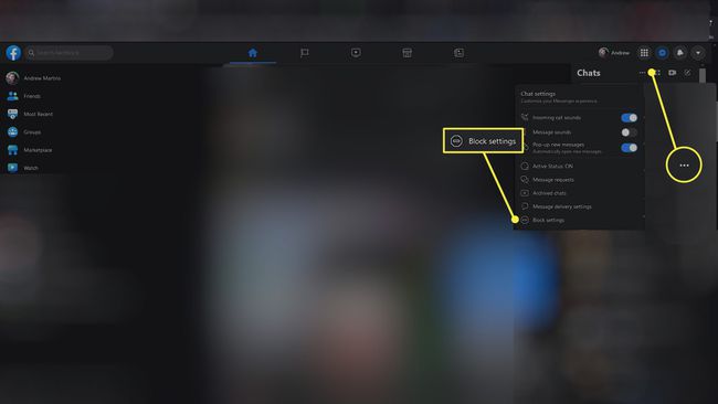Three dot menu and Block Settings on Facebook.com