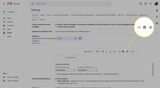 The Insert Image button in Gmail settings