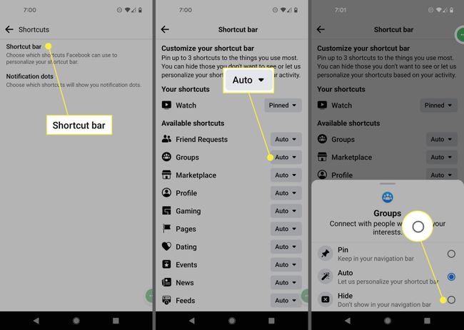 Shortcut bar, Auto, and Hide option in the Android Facebook app