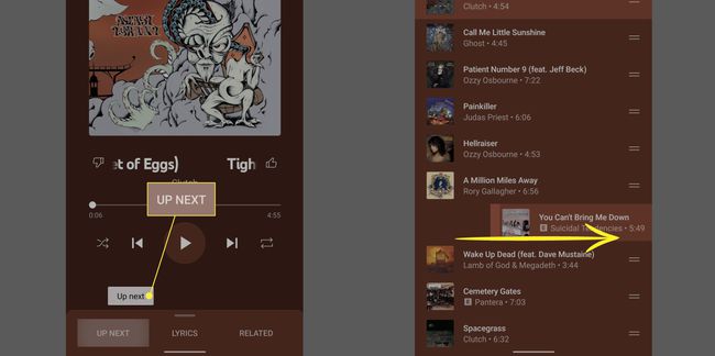 Three dots and a right arrow highlighted in the YouTube Music queue on Android