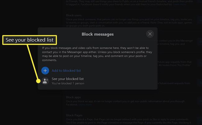 See your blocked list in Block Messages prompt on Facebook