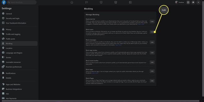 Edit next to Block Users in Blocking settings for Facebook chats.