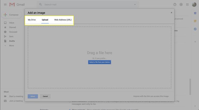 Upload options in the Add an Image window in Gmail