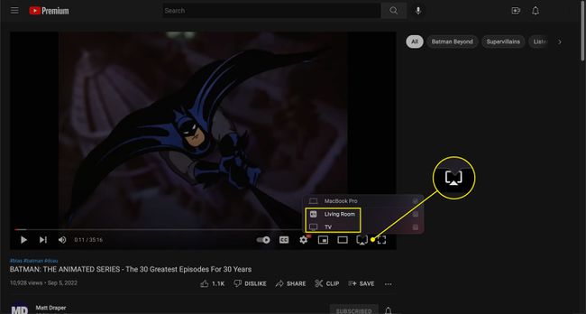 The AirPlay icon and menu in YouTube on a Mac