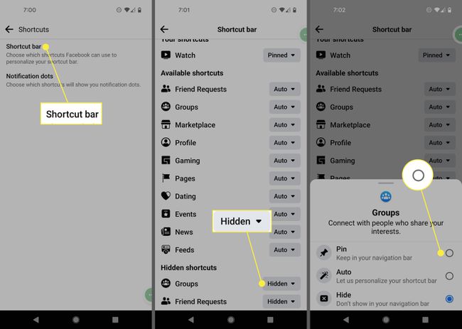 Shortcut bar, Hidden, and Pin option in the Android Facebook app