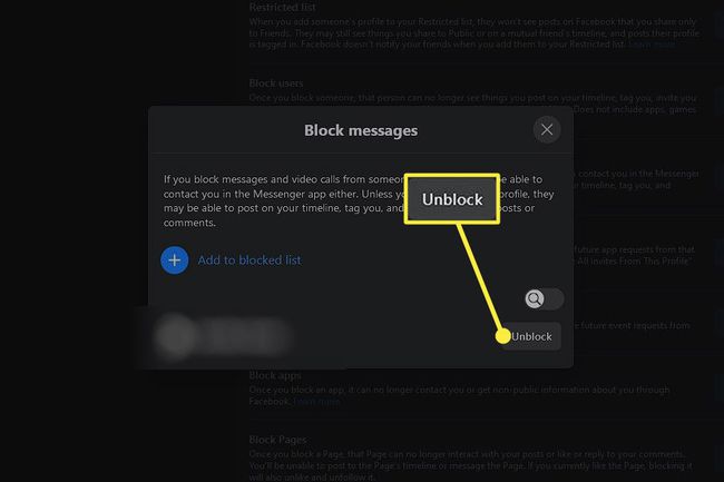 Unblock in the Block Messages prompt on Facebook.com