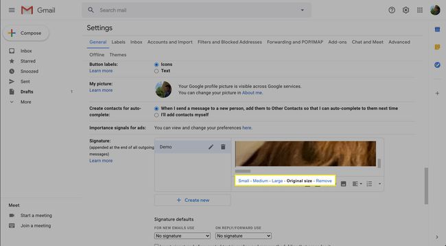 Image size options in a Gmail signature