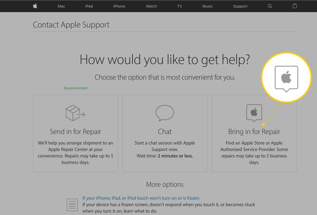 Bring in for Repair option on Apple support site