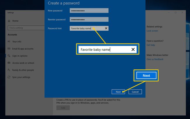 Password hint field and Next button in Create a password