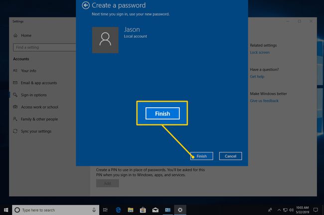 Finish button in Create a password