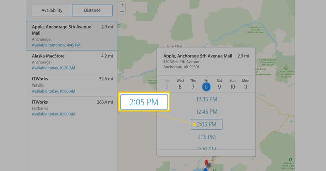 Apple Stores on map with available times for Genius Bar appointments