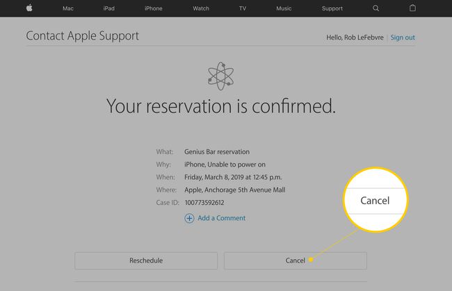 Confirmation screen for Genius Bar with Cancel option