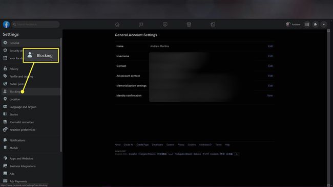 Blocking in the Facebook account settings.