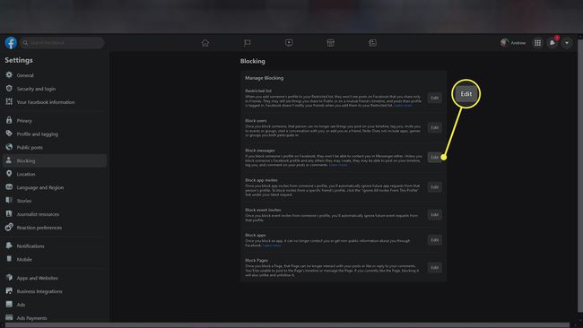 Edit next to Block messages in Facebook Messenger settings.
