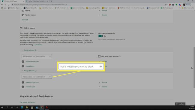 Screenshot of blocking websites in Microsoft Family Safety.