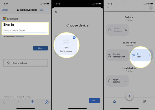Google Home app with Microsoft account sign-in, Xbox device, and room highlighted
