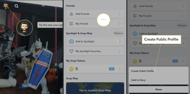 Snapchat app with profile image, More (three dots) and Create Public Profile highlighted