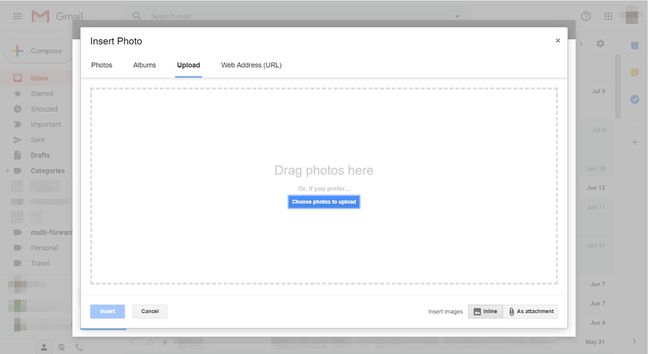 Gmail with Insert Photo dialog box displayed