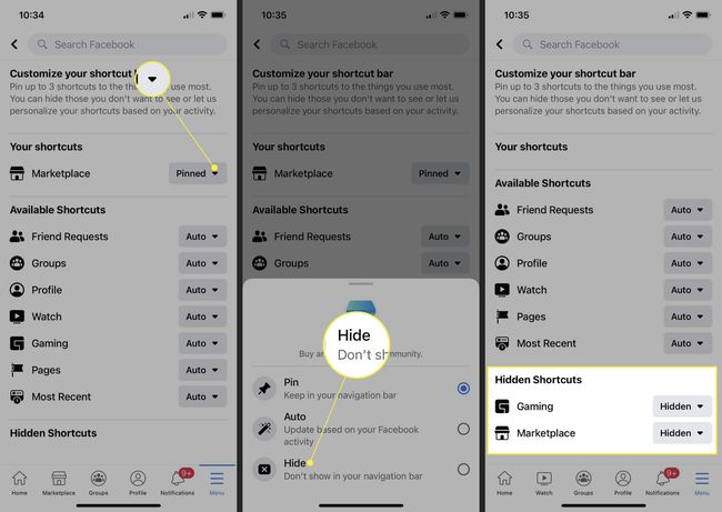 Facebook iOS app Shortcut settings with dropdown arrow, Hide, and Hidden Shortcuts highlighted