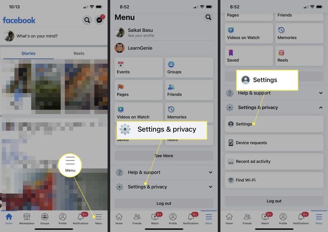 Facebook iOS app with Menu, Settings & privacy, and Settings highlighted