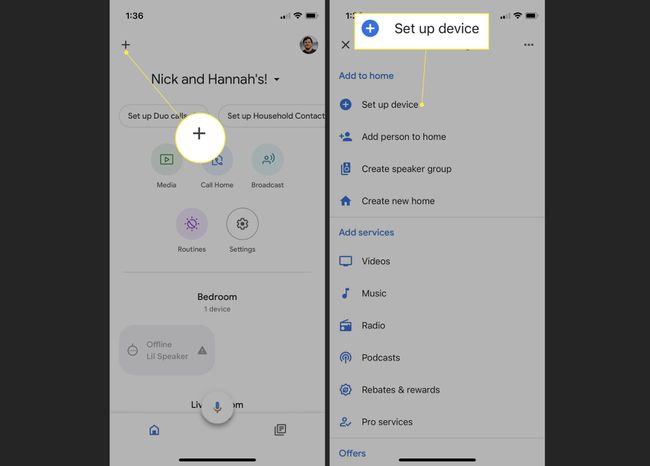 Google Home app with plus sign and Set up Device highlighted