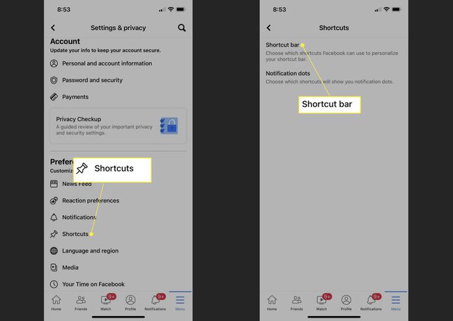 Shortcuts and Shortcut Bar highlighted in Facebook settings