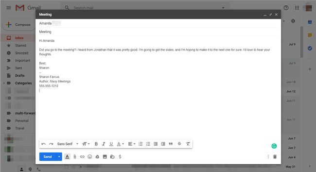 Gmail with message window displayed