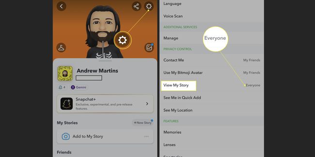 Snapchat app with Settings, View My Story, and Everyone highlighted