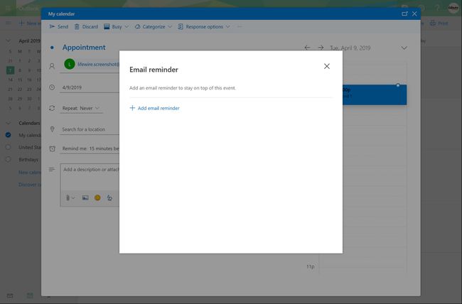 Outlook.com Email reminder window with Add email reminder option