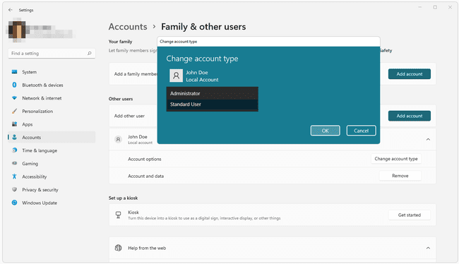 Change account type options in Windows 11 Settings