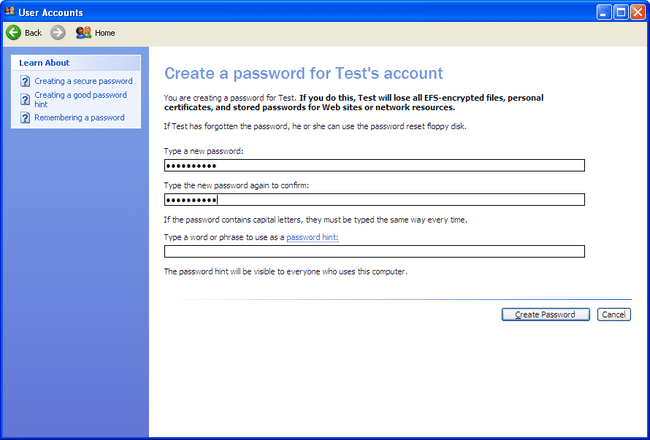 Create a password screen in Windows XP