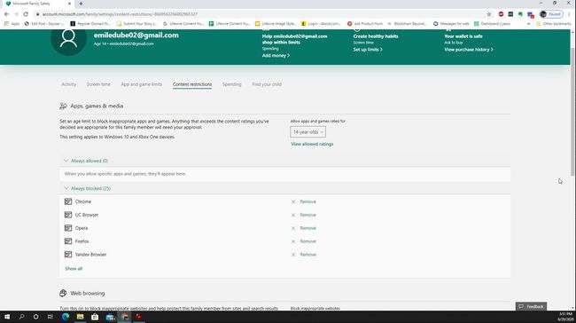 Screenshot of app age limits in Microsoft Family Safety