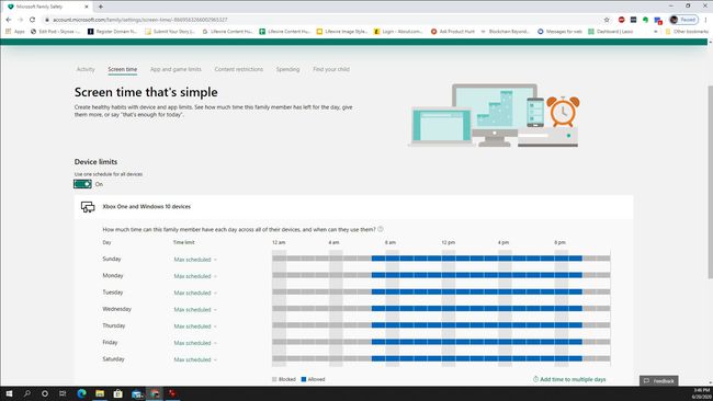 Screenshot of the Microsoft Family Safety Screen time tab