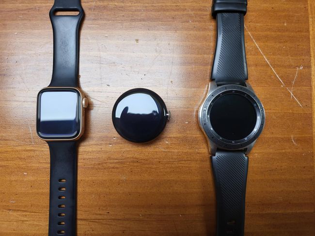 Apple Watch, Galaxy Watch, and Pixel Watch side by side