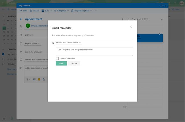 Outlook.com Email reminder window with reminder message text box filled in