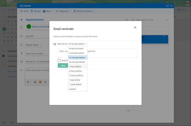 Outlook.com Email reminder window with Remind me dropdown open